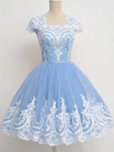 Cap Sleeves Knee Length Lace Zipper Dama Dress for Quinceanera with Light Blue