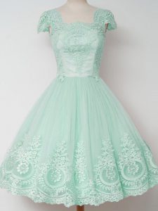 Charming Apple Green A-line Lace Quinceanera Court of Honor Dress Zipper Tulle Cap Sleeves Knee Length