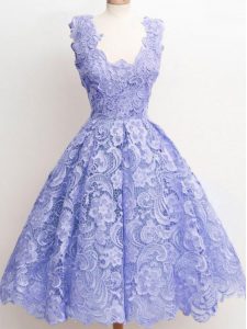 A-line Quinceanera Dama Dress Lavender Straps Lace Sleeveless Knee Length Zipper