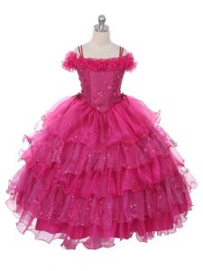Fuchsia Organza Lace Up Off The Shoulder Sleeveless Floor Length Kids Formal Wear Ruffles and Ruffled Layers