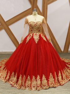 Fashion Long Sleeves Court Train Lace Up Beading and Appliques Ball Gown Prom Dress