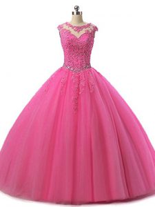 Sleeveless Floor Length Beading and Lace Lace Up Quince Ball Gowns with Hot Pink