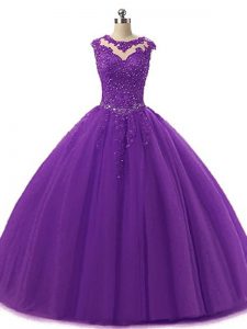 Dark Purple Tulle Lace Up Scoop Sleeveless Floor Length Sweet 16 Dresses Beading and Lace