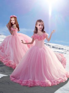 Elegant Hand Made Flower Child Pageant Dress Baby Pink Lace Up Sleeveless Court Train