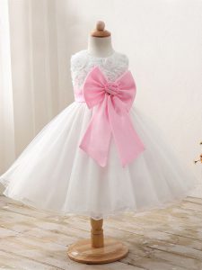 Affordable Bowknot Child Pageant Dress White Zipper Sleeveless Mini Length