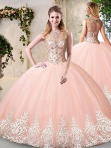 Fitting Peach 15th Birthday Dress Prom and Party and Military Ball and Sweet 16 and Quinceanera with Beading and Appliques Scoop Sleeveless Backless