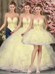 Light Yellow Lace Up Sweetheart Beading and Ruffles Quinceanera Gowns Tulle Sleeveless