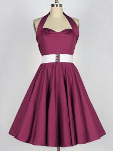 Adorable Knee Length Lace Up Dama Dress Burgundy for Prom and Party and Wedding Party with Belt