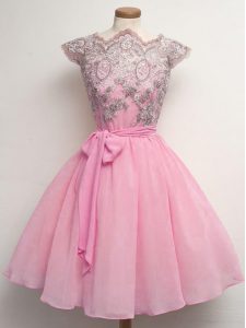 Best Knee Length Lace Up Damas Dress Rose Pink for Prom and Party and Wedding Party with Lace and Belt