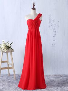Free and Easy Red Empire Chiffon One Shoulder Sleeveless Hand Made Flower Floor Length Lace Up Dama Dress