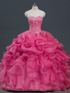 Pretty Beading and Ruffles and Pick Ups 15th Birthday Dress Hot Pink Lace Up Sleeveless Floor Length