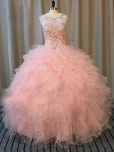 Latest Tulle Scoop Sleeveless Lace Up Beading and Ruffles Sweet 16 Quinceanera Dress in Pink