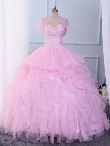 Charming Sleeveless Organza Floor Length Lace Up Quinceanera Dress in Pink with Beading and Ruffles