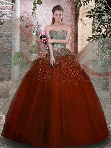 Fitting Rust Red Tulle Lace Up 15 Quinceanera Dress Sleeveless Floor Length Beading