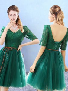 Affordable Green Tulle Backless Quinceanera Court of Honor Dress Half Sleeves Knee Length Lace