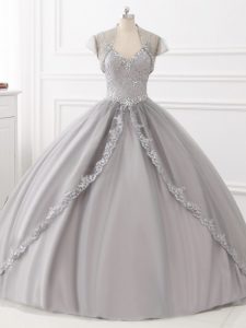 Beauteous Beading and Appliques Sweet 16 Dresses Grey Lace Up Sleeveless Floor Length