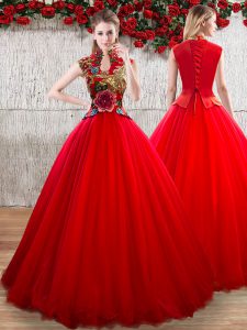 Fabulous Red Lace Up High-neck Appliques Vestidos de Quinceanera Organza Short Sleeves