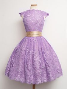 Elegant Lavender Cap Sleeves Belt Knee Length Court Dresses for Sweet 16