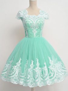 Decent Cap Sleeves Knee Length Lace Zipper Court Dresses for Sweet 16 with Apple Green