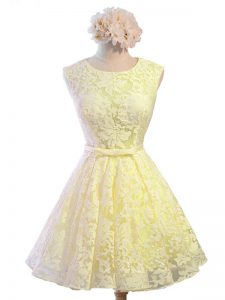 Nice Yellow Lace Lace Up Quinceanera Court of Honor Dress Sleeveless Knee Length Belt