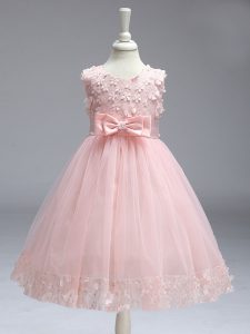 Baby Pink Tulle Zipper Scoop Sleeveless Knee Length Kids Pageant Dress Lace and Bowknot