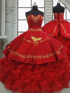 Brush Train Ball Gowns 15th Birthday Dress Wine Red Sweetheart Satin and Organza Sleeveless Lace Up