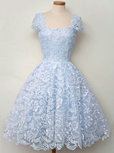 Elegant Light Blue A-line Lace Straps Cap Sleeves Lace Knee Length Lace Up Court Dresses for Sweet 16