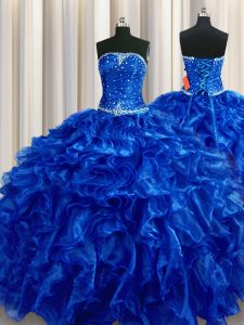 Floor Length Royal Blue Sweet 16 Dresses Organza Sleeveless Beading and Ruffles