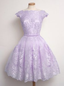 Cheap Scalloped Cap Sleeves Lace Up Quinceanera Court of Honor Dress Lavender Lace