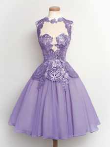 Sumptuous Sleeveless Knee Length Lace Lace Up Dama Dress for Quinceanera with Lilac