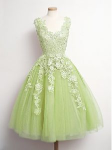 Comfortable Sleeveless Knee Length Appliques Lace Up Quinceanera Court Dresses with Yellow Green