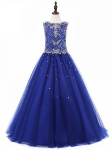 High Quality Royal Blue Sleeveless Floor Length Beading Lace Up Kids Formal Wear