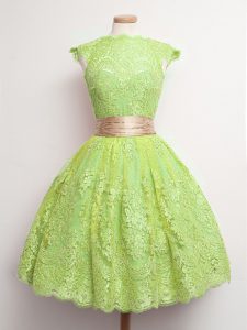 Charming Knee Length Yellow Green Dama Dress for Quinceanera High-neck Cap Sleeves Lace Up