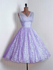 High Class Lavender V-neck Neckline Lace Dama Dress for Quinceanera Sleeveless Lace Up