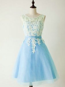 A-line Quinceanera Court of Honor Dress Light Blue Scoop Tulle Sleeveless Knee Length Lace Up