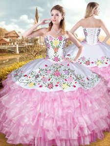 Rose Pink Sleeveless Floor Length Embroidery and Ruffled Layers Lace Up Quinceanera Dress
