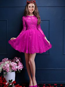 Mini Length Lace Up Quinceanera Court Dresses Fuchsia for Prom and Party with Beading and Lace and Appliques