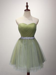 Olive Green Sweetheart Lace Up Beading and Ruching Dama Dress Sleeveless