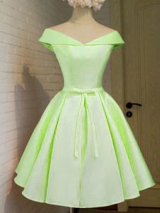 Chic Off The Shoulder Cap Sleeves Court Dresses for Sweet 16 Knee Length Belt Yellow Green Taffeta