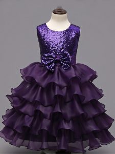 Organza Scoop Sleeveless Zipper Ruffled Layers and Sequins Child Pageant Dress in Dark Purple