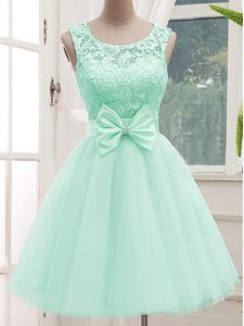 Deluxe Sleeveless Tulle Knee Length Lace Up Dama Dress in Apple Green with Lace and Bowknot