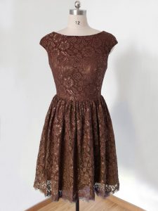 High Class Brown Scoop Lace Up Lace Quinceanera Court of Honor Dress Cap Sleeves