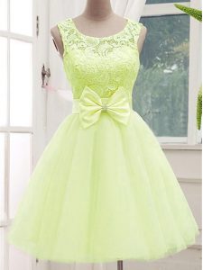 Yellow Green A-line Lace and Bowknot Court Dresses for Sweet 16 Lace Up Tulle Sleeveless Knee Length