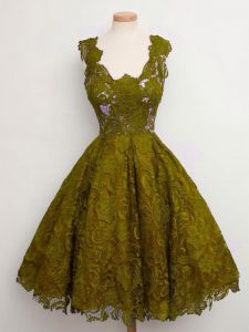Suitable Olive Green A-line Lace Court Dresses for Sweet 16 Lace Up Lace Sleeveless Knee Length