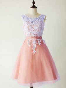 Peach Tulle Lace Up Scoop Sleeveless Knee Length Dama Dress for Quinceanera Lace