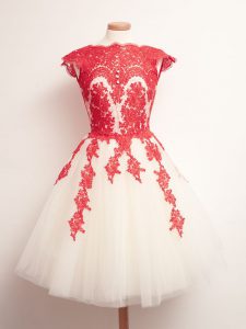 White And Red Quinceanera Court Dresses Prom and Party and Wedding Party with Appliques Scalloped Sleeveless Lace Up