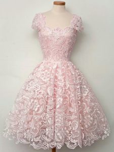 Straps Cap Sleeves Quinceanera Court Dresses Knee Length Lace Baby Pink Lace