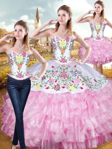 Sweetheart Sleeveless Lace Up Quinceanera Dresses Rose Pink Organza and Taffeta