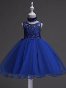 Organza Scoop Sleeveless Zipper Beading and Lace Kids Formal Wear in Royal Blue