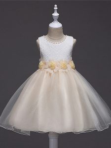 Champagne Ball Gowns Scoop Sleeveless Tulle Knee Length Zipper Lace and Hand Made Flower Little Girls Pageant Gowns